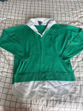 Hillary Radley Women’s Green V-Neck Layered Sweater with White Shirt Detail